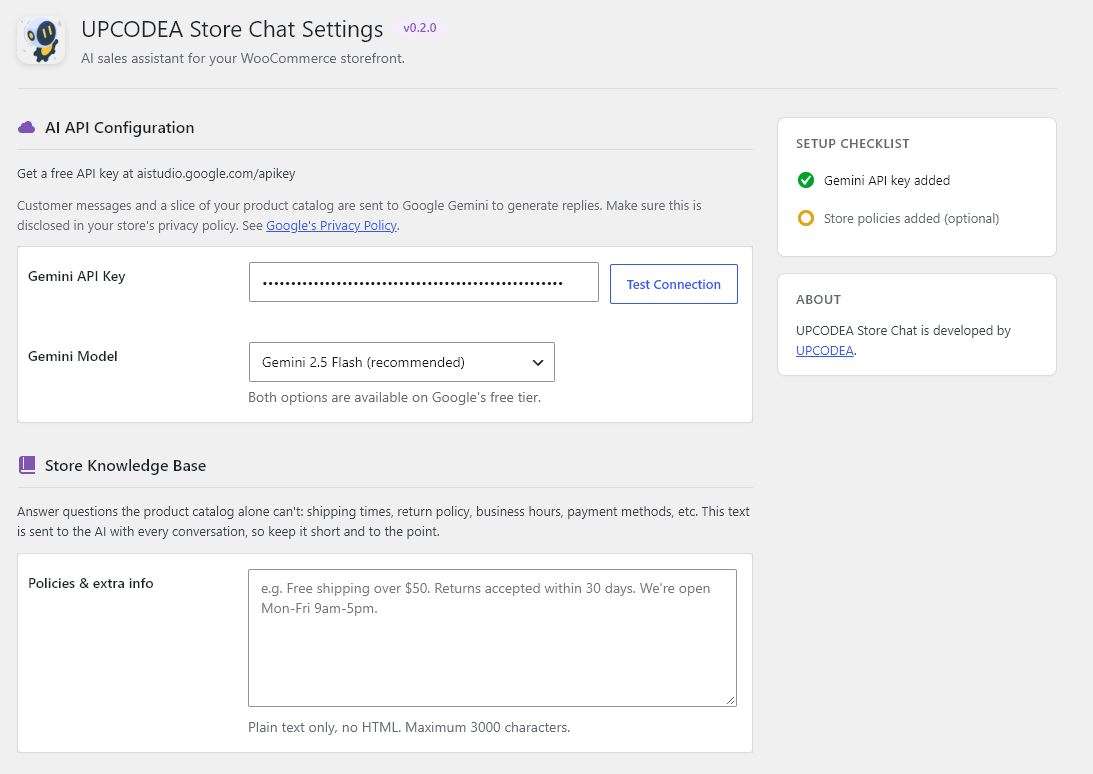 Η σελίδα ρυθμίσεων του UPCODEA Store Chat στο wp-admin